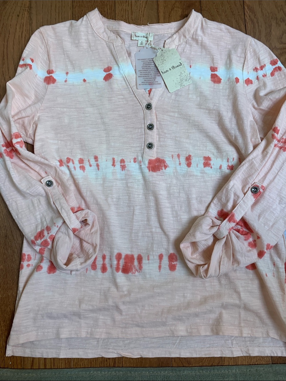 Hem & Thread Pink and Coral Tie-Dye Long Sleeve Henley Top